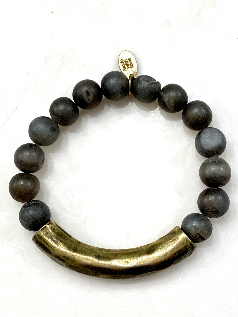 Vintage Matte Gray Bead Bracelet with Antique Gold Curved Bar